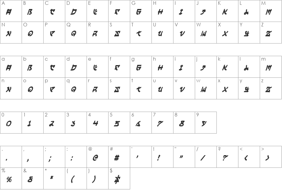 Yama Moto Condensed Italic font character map preview