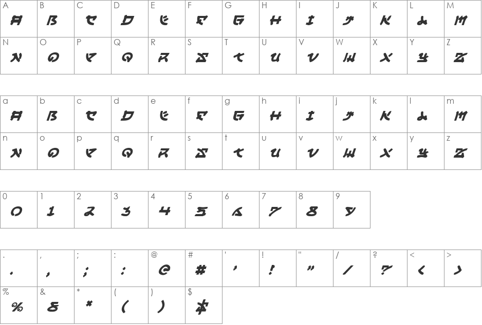 Yama Moto Italic font character map preview