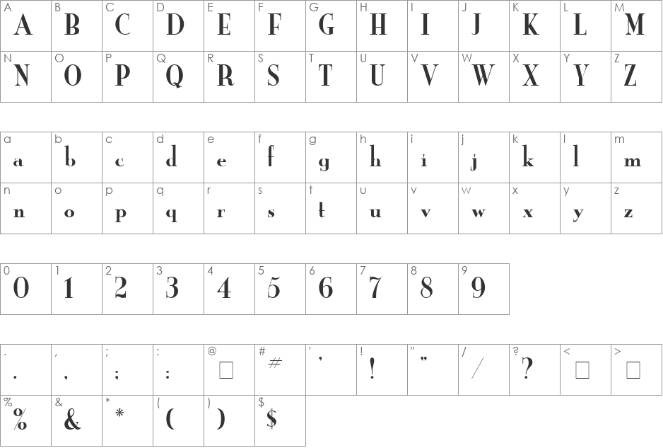 Yankee font character map preview