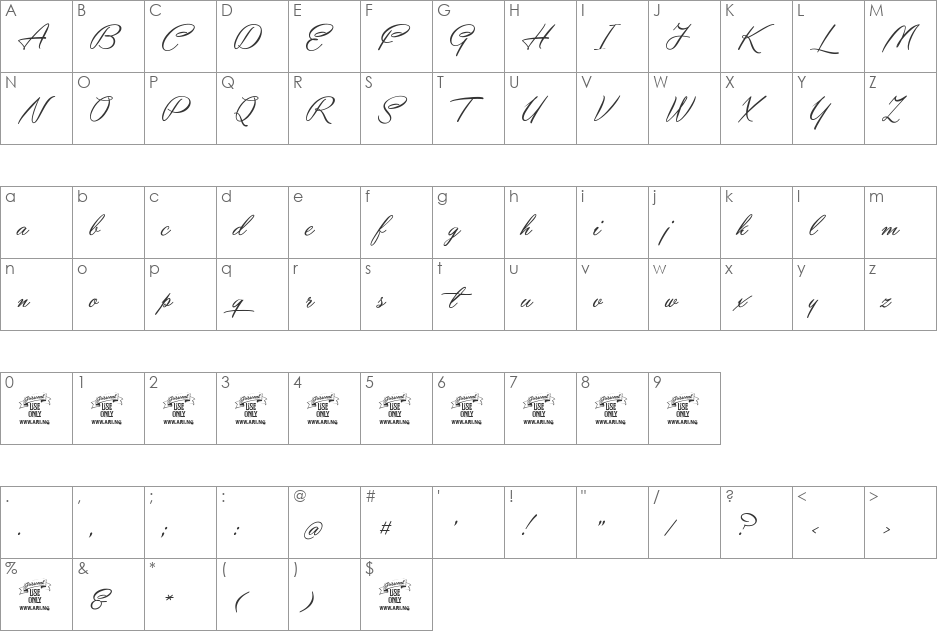 Yaquote Script Personal Use font character map preview