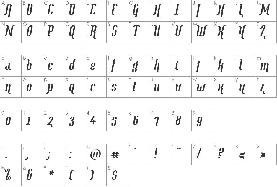 Year2000 Context Regular font character map preview