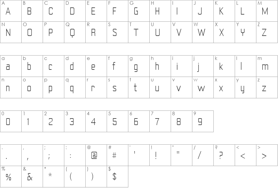 YearlingLite font character map preview