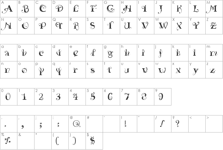 Yedra Purpurea font character map preview