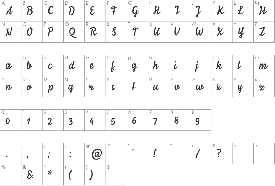 Ylvie script bold font character map preview
