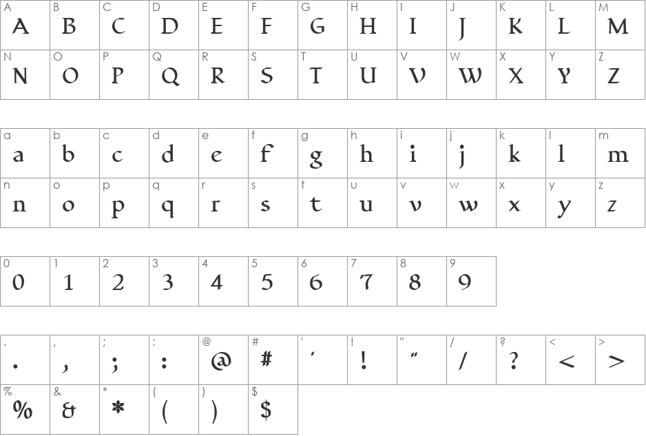 Yngreena font character map preview