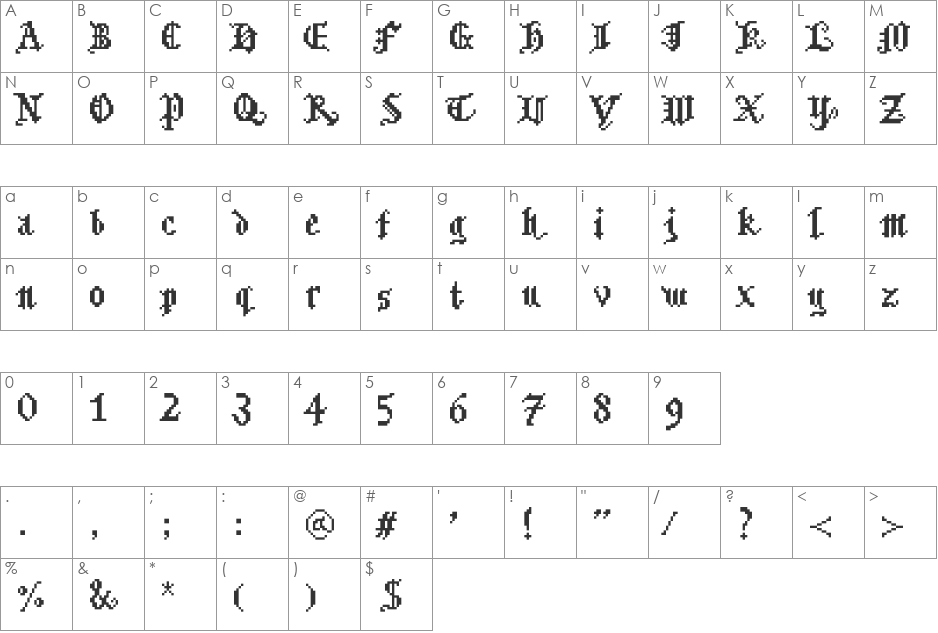 Bitmgothic font character map preview