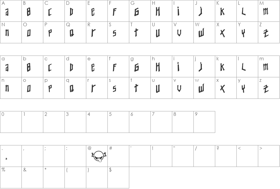 YoungZaphod font character map preview