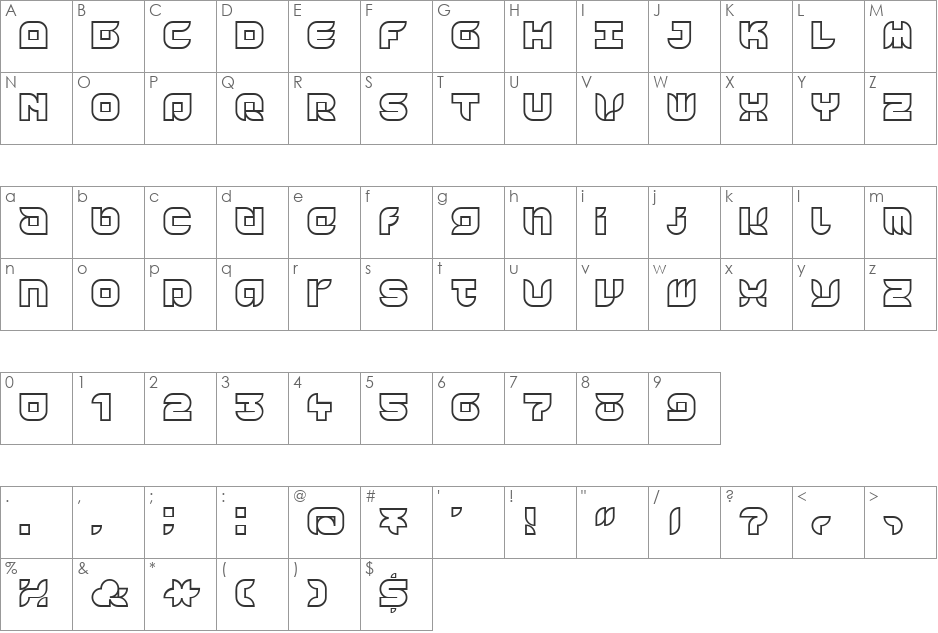 Yr72Outline font character map preview