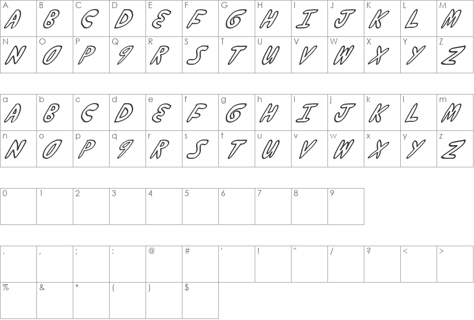 yumernub slanty font character map preview