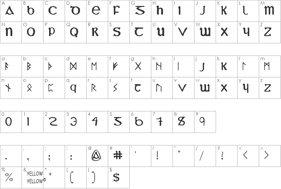 YY Uncial Most Irish font character map preview