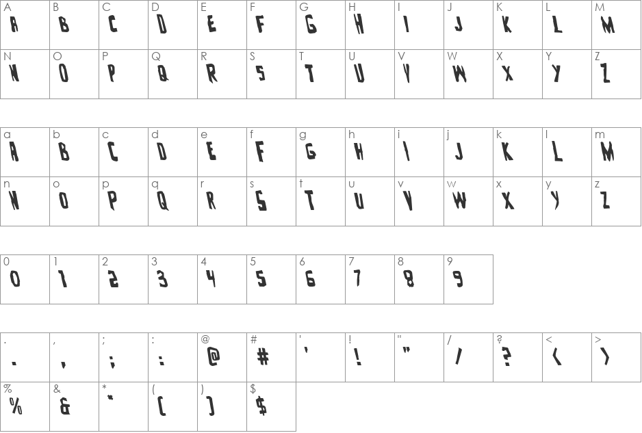 Zakenstein Leftalic font character map preview