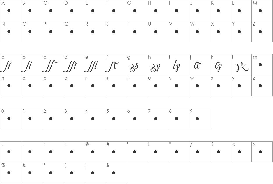 ZanzibarLigatures font character map preview