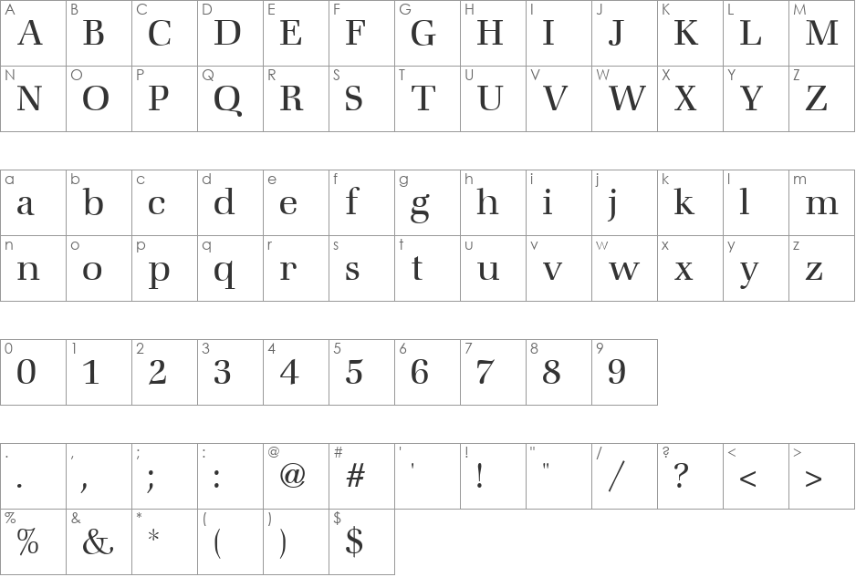 Zapf Light font character map preview