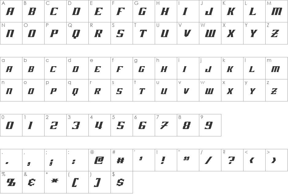 Zarathos Oblique font character map preview