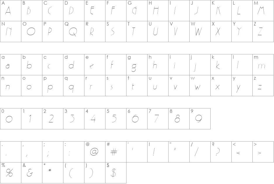 Zelda Italic font character map preview