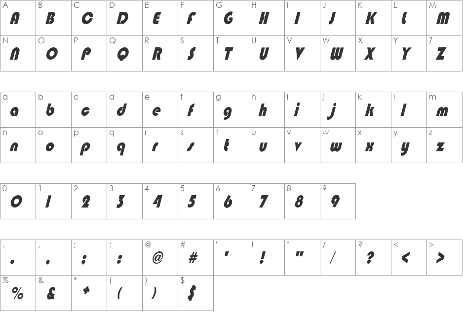 BixleeCndObl-Heavy font character map preview