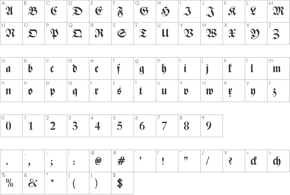 Zentenar Fraktur font character map preview