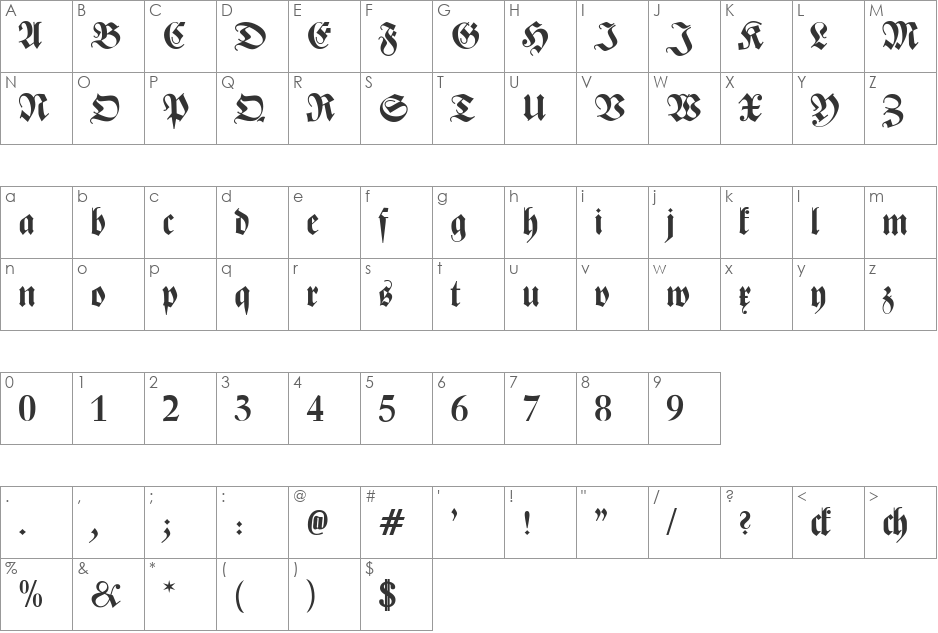 Zentenar Fraktur UNZ1L font character map preview