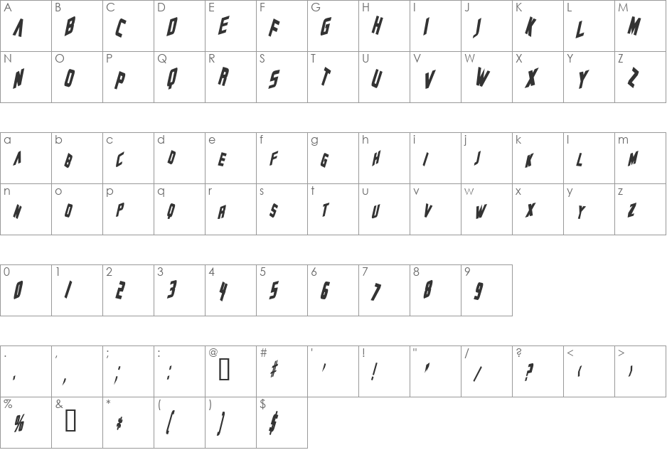 Zero Gravity font character map preview