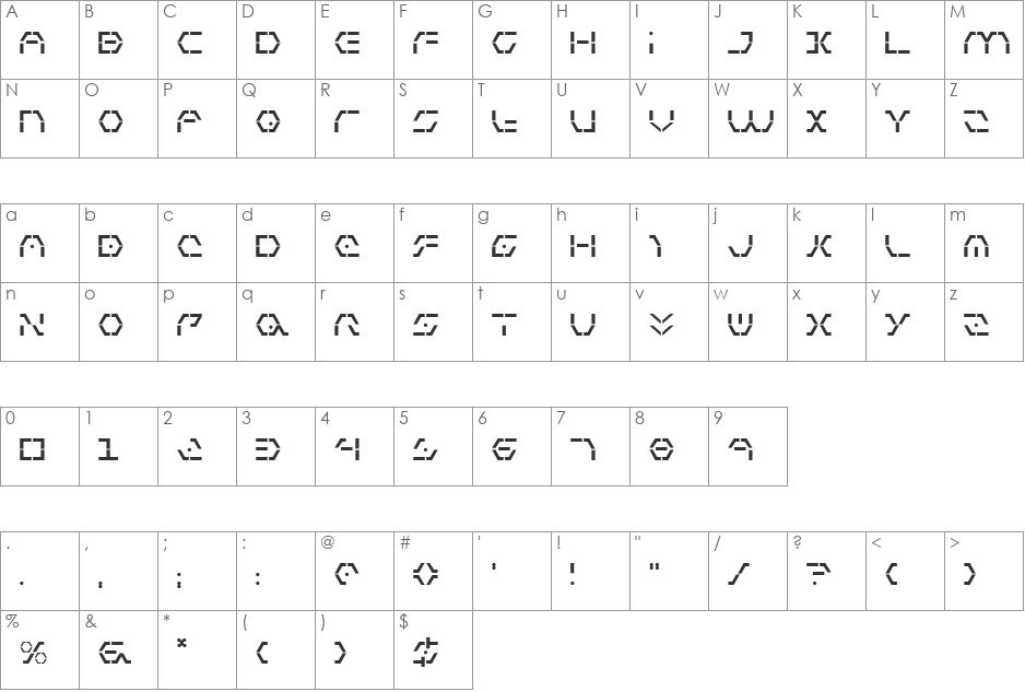 Zeta Sentry Leftalic font character map preview