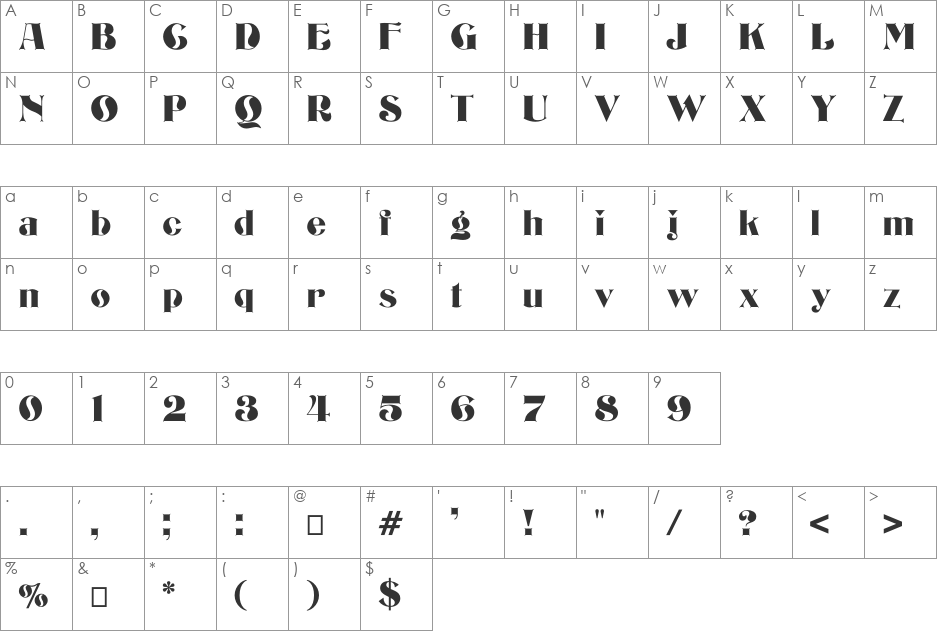 Bizarrerie font character map preview