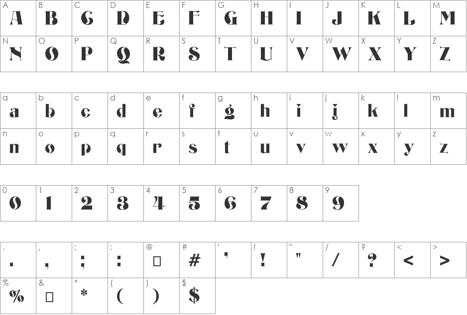 Bizarrerie font character map preview