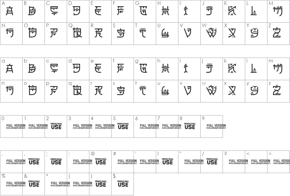 Zilap Oriental font character map preview