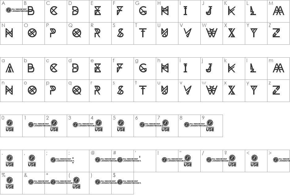 Zilap Tribu font character map preview