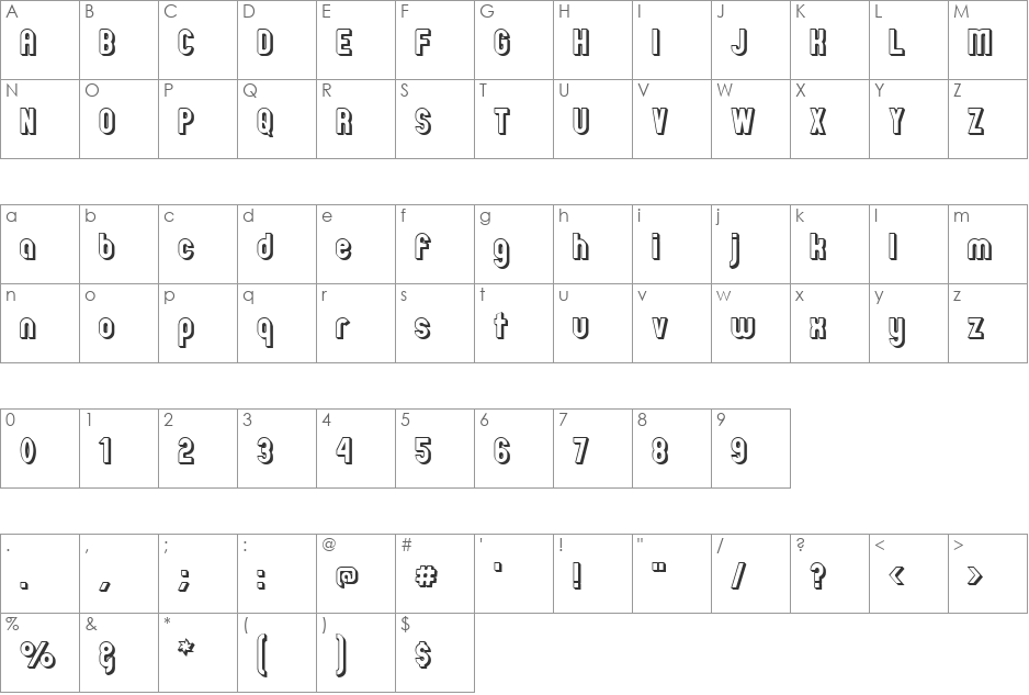 Zillah Modern Offset Outline font character map preview