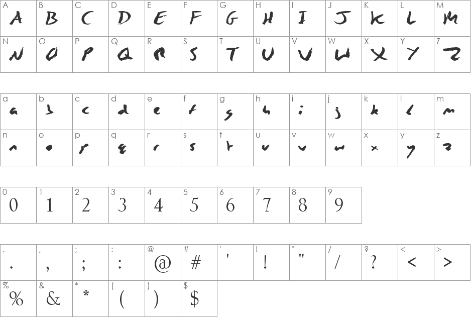 Zing Easy font character map preview