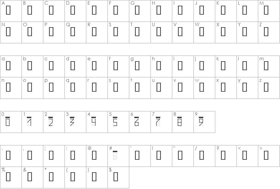 ZIPcode font character map preview