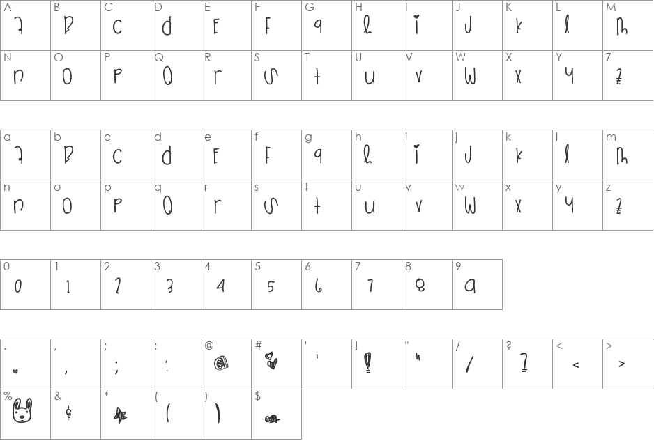 ZipperHeart font character map preview