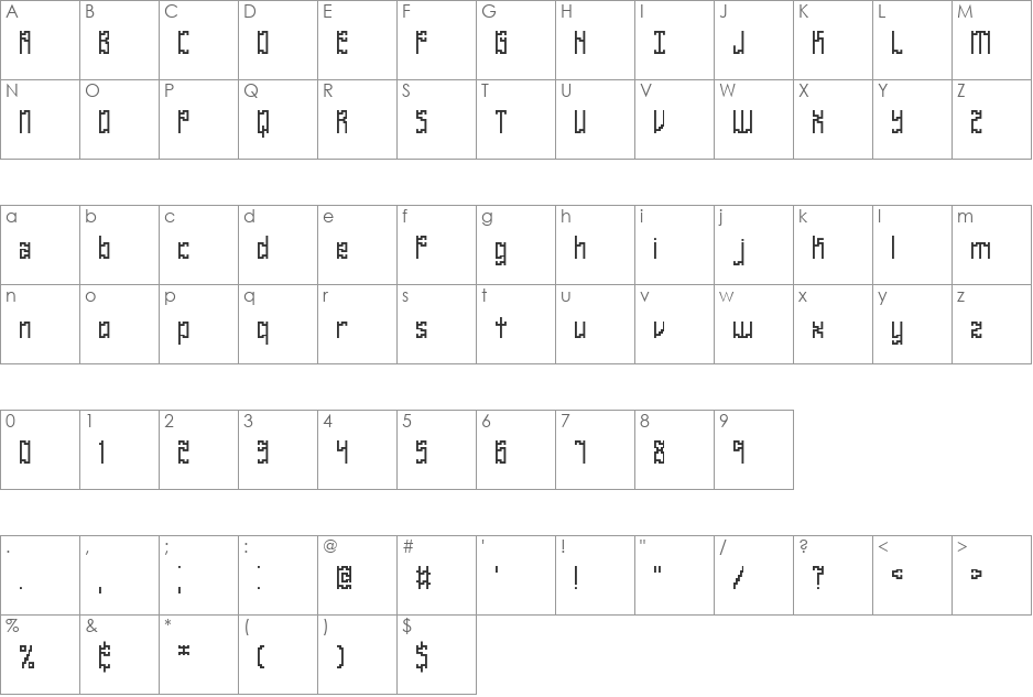 Zirconia BRK font character map preview