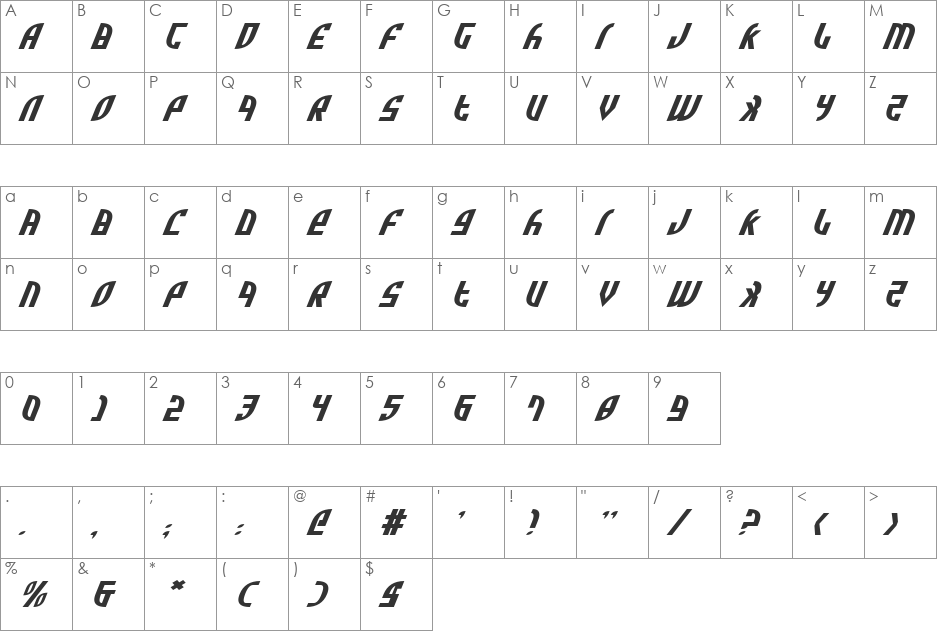 Zone Rider Exp Italic font character map preview