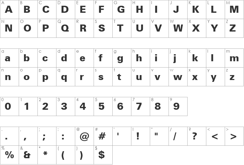 Zurich Blk Win95BT font character map preview