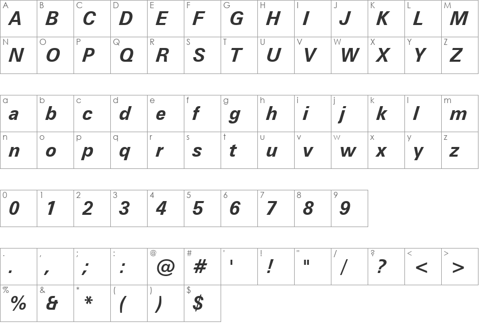Zurich Win95BT font character map preview