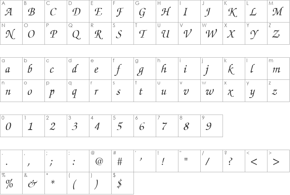 ZurichCalligraphic font character map preview