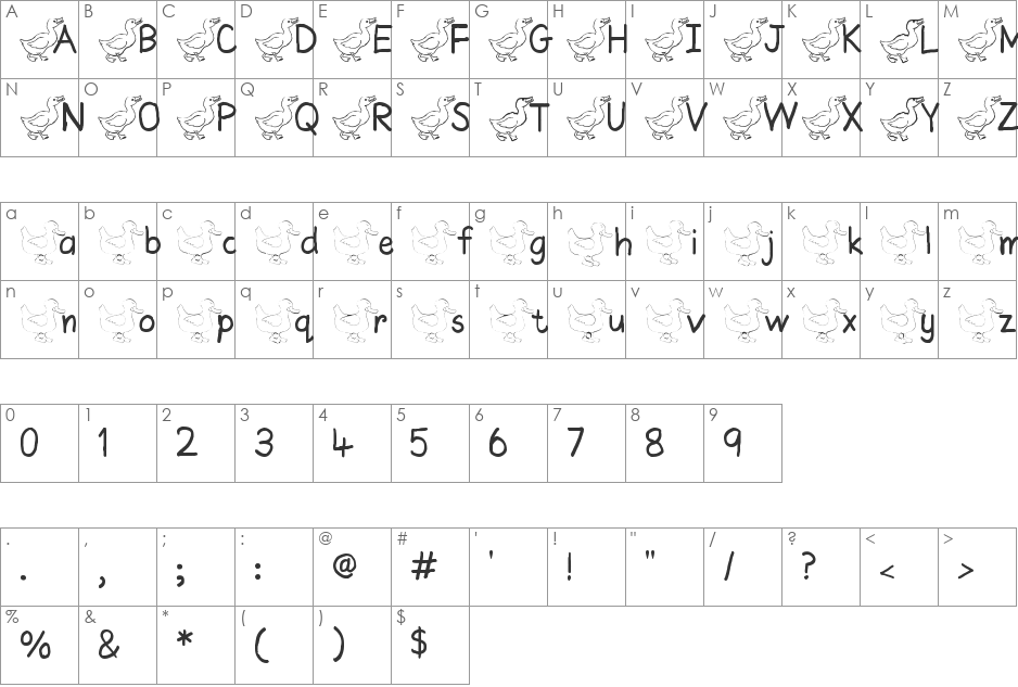 AEZ ducks font character map preview