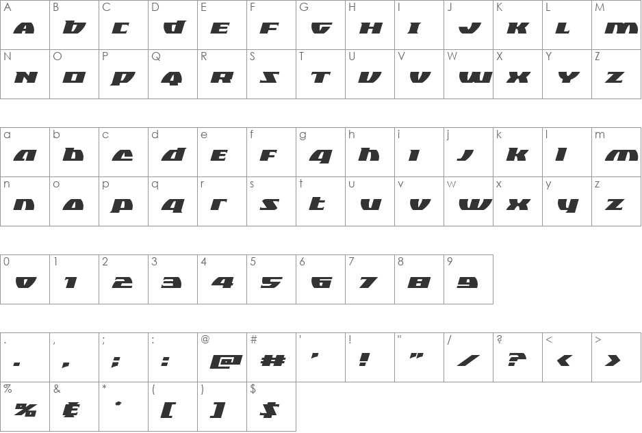 Black Bishop Expanded Italic font character map preview