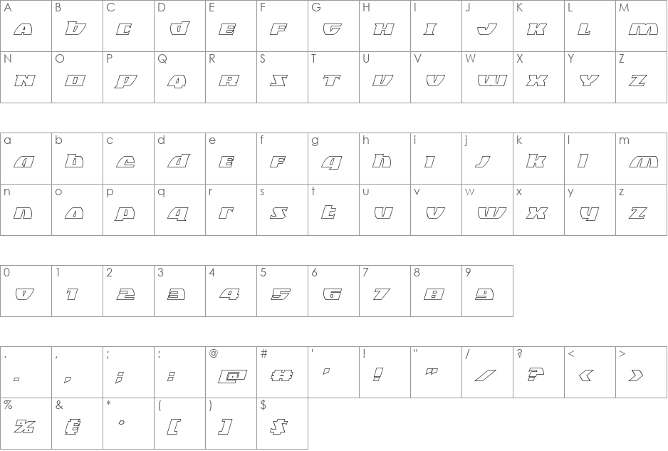 Black Bishop Outline Italic font character map preview