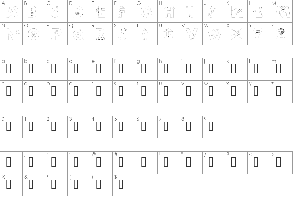 101! Anuther PictoBet font character map preview