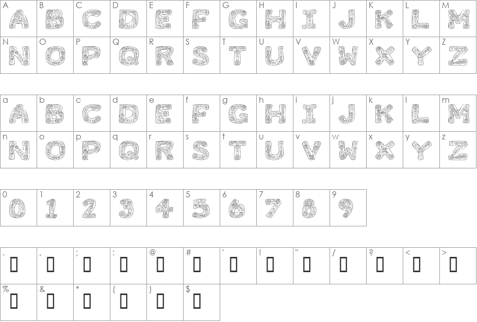 101! Button Mania font character map preview