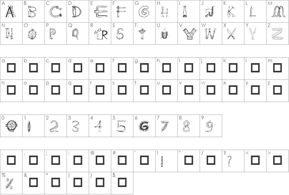 101! In My Yard font character map preview