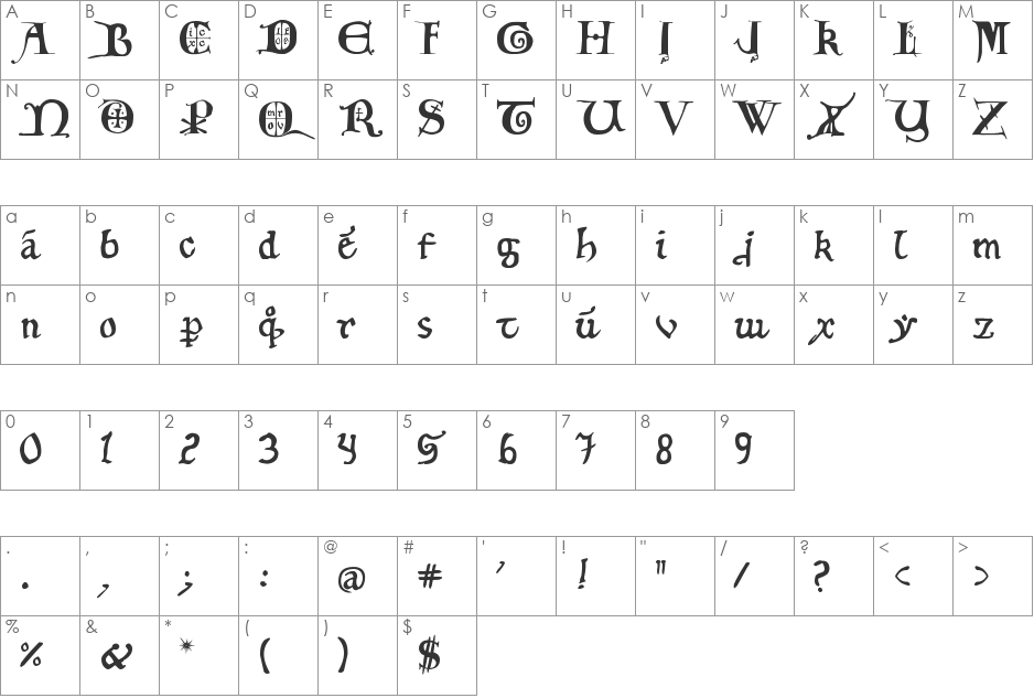 12th century caps font character map preview