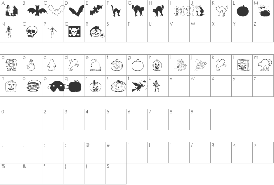 AEZ halloween dingbats font character map preview