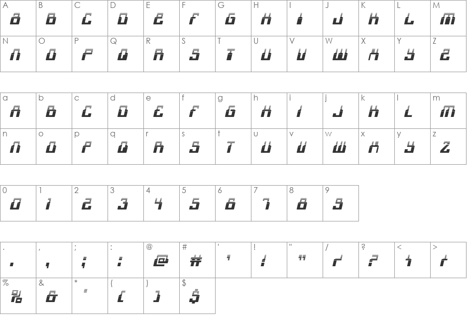 1968 Odyssey Halftone Italic font character map preview