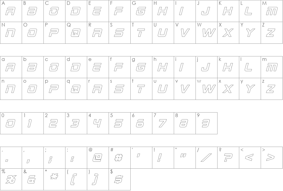 2015 Cruiser Hollow font character map preview