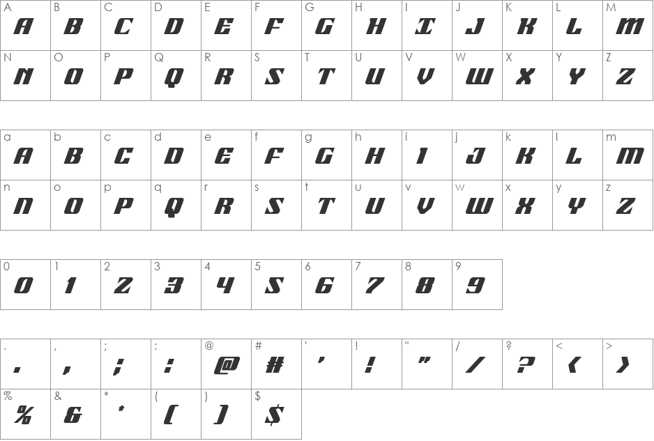 21 Gun Salute Condensed Italic font character map preview