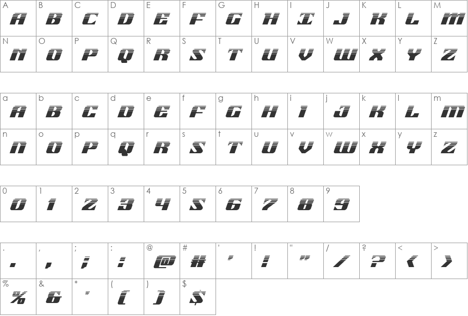 21 Gun Salute Halftone Italic font character map preview