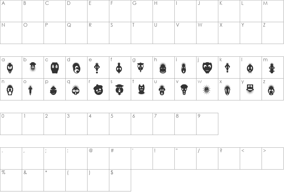 26 Faces font character map preview